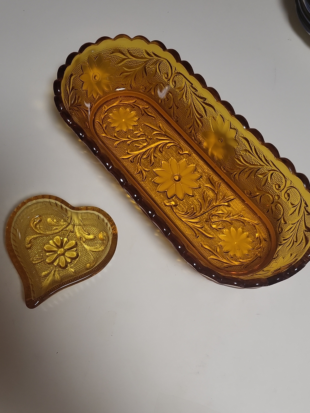 Amber Glass Floral Serving Tray and Heart Dish - Home Accents